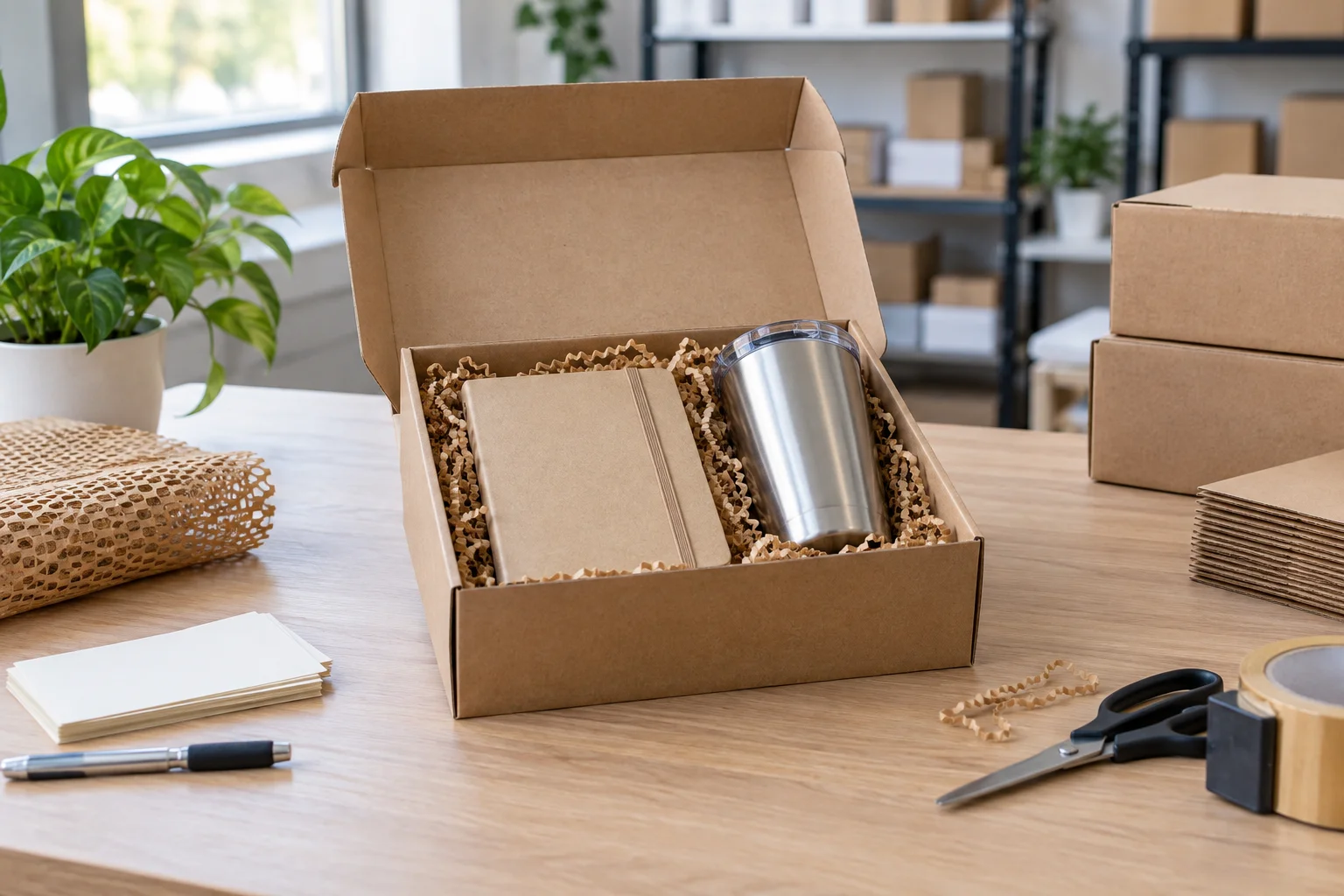企業禮品的筆記本、保溫杯及紙盒包裝示意照片